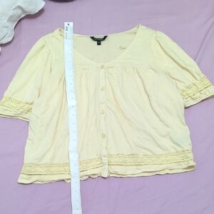 George Pale Yellow Lace-Trim Button-Front Women's Top